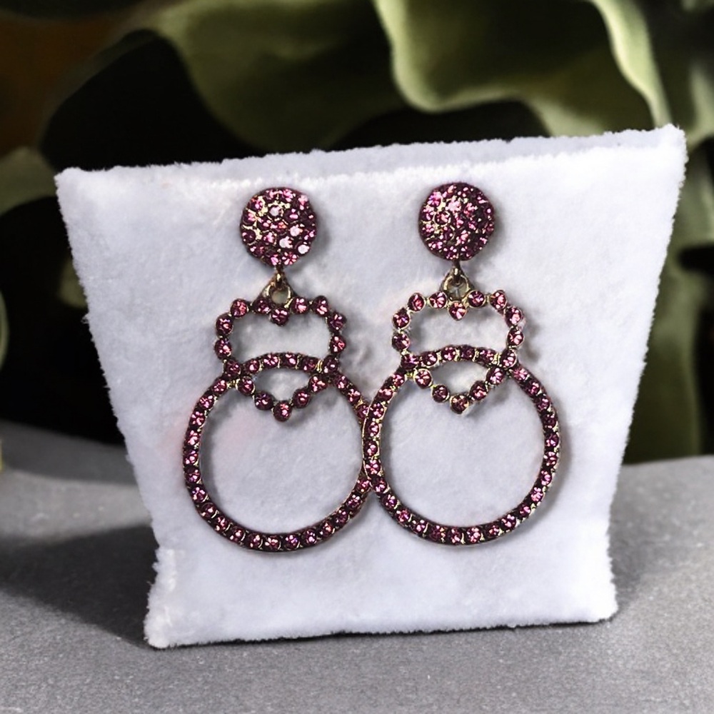 NWT Pink Rhinestone Heart Circle Drop Statement Earrings